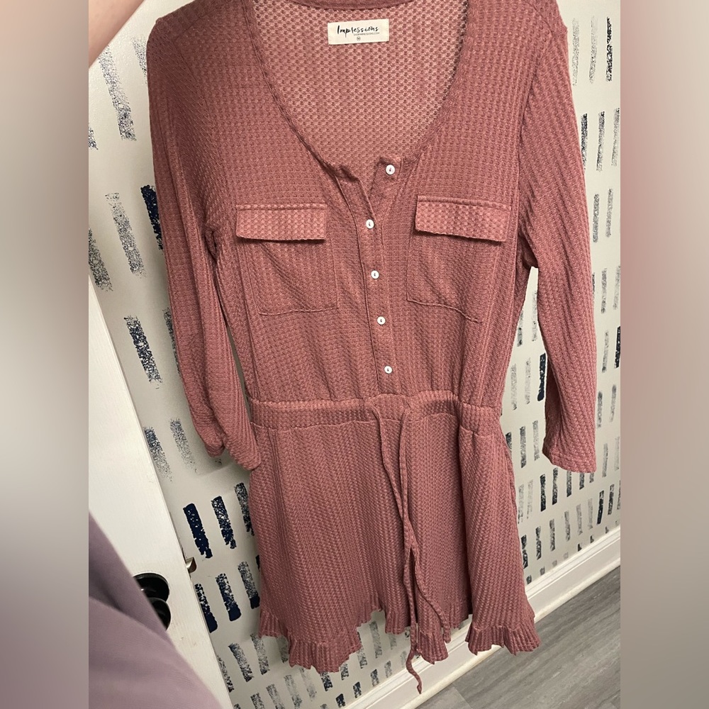 Rose pink long sleeve open knit dress. Double lined in skirt